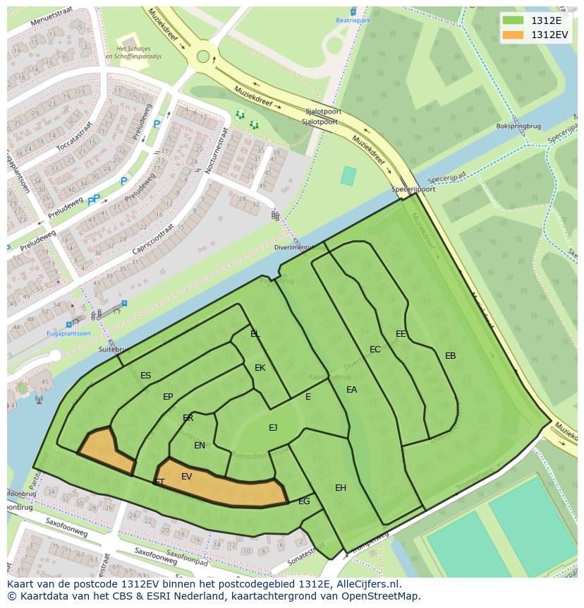 Afbeelding van het postcodegebied 1312 EV op de kaart.