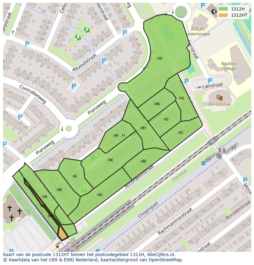 Afbeelding van het postcodegebied 1312 HT op de kaart.
