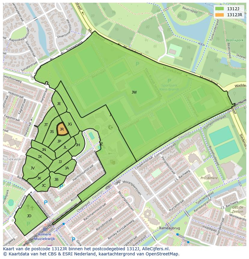Afbeelding van het postcodegebied 1312 JR op de kaart.