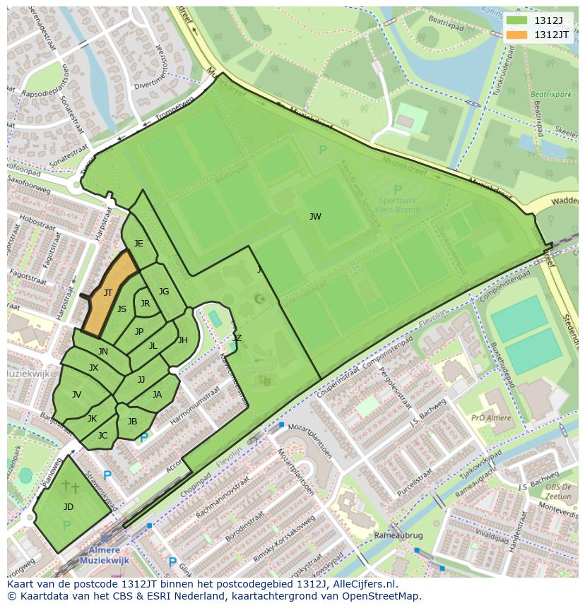 Afbeelding van het postcodegebied 1312 JT op de kaart.