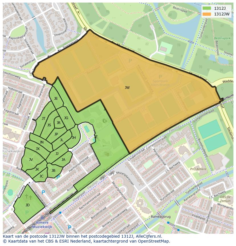 Afbeelding van het postcodegebied 1312 JW op de kaart.