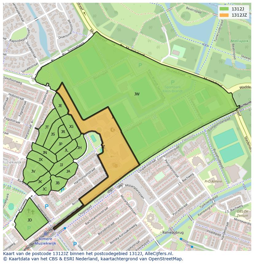 Afbeelding van het postcodegebied 1312 JZ op de kaart.
