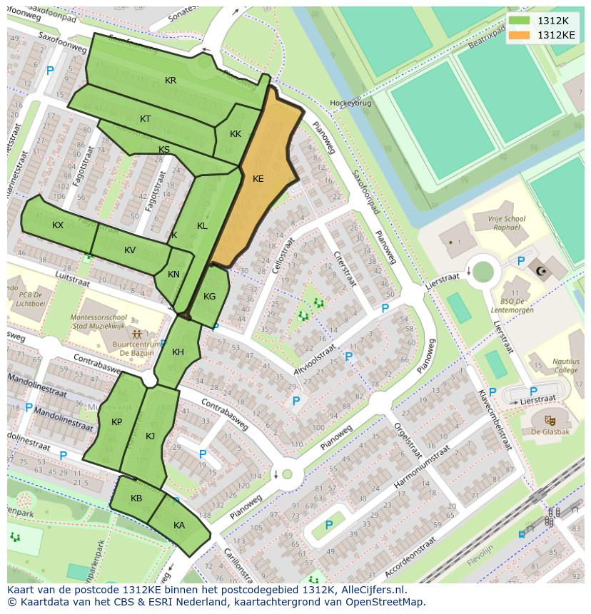 Afbeelding van het postcodegebied 1312 KE op de kaart.