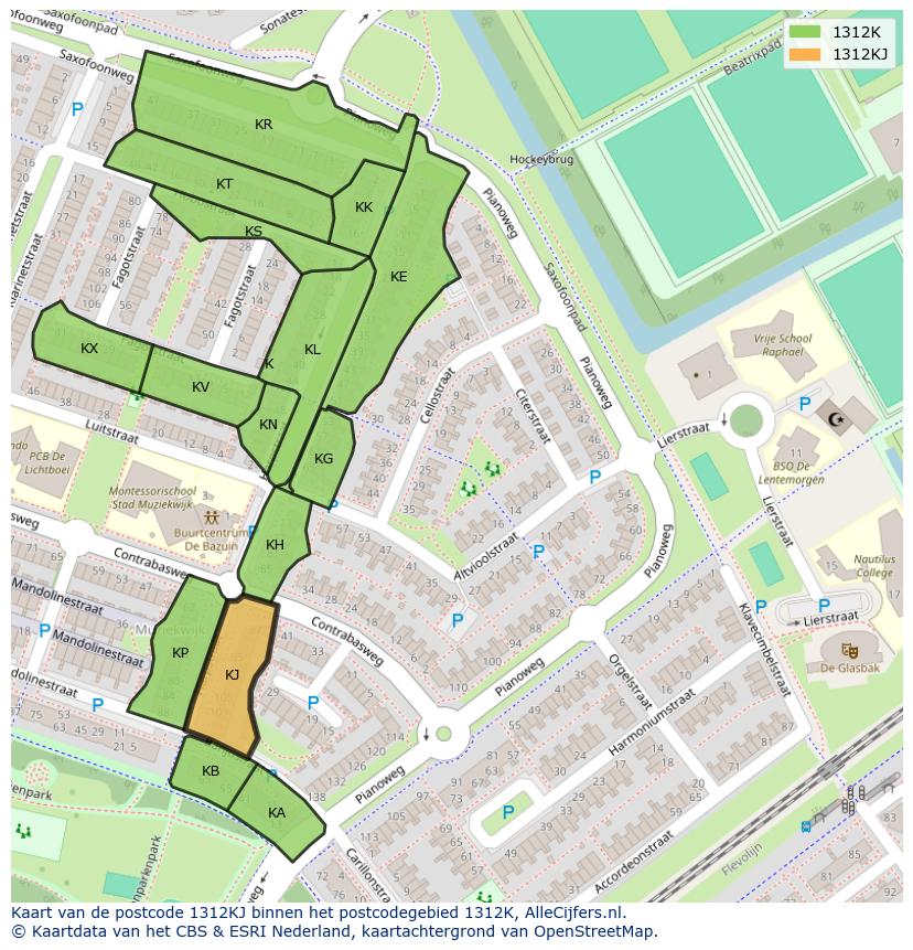 Afbeelding van het postcodegebied 1312 KJ op de kaart.