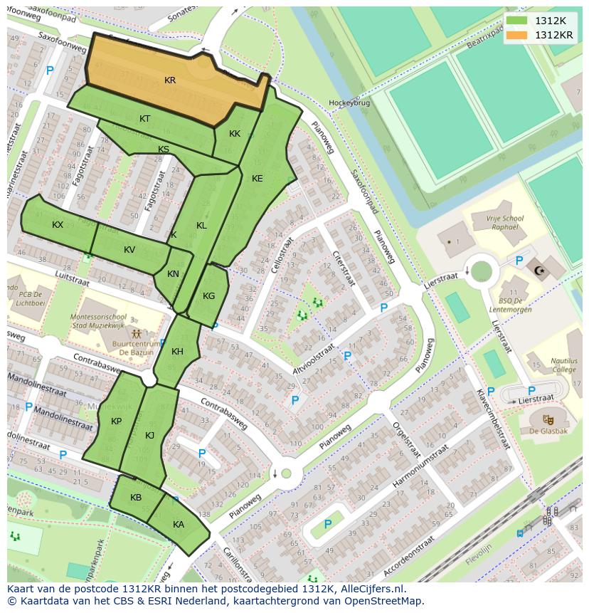 Afbeelding van het postcodegebied 1312 KR op de kaart.