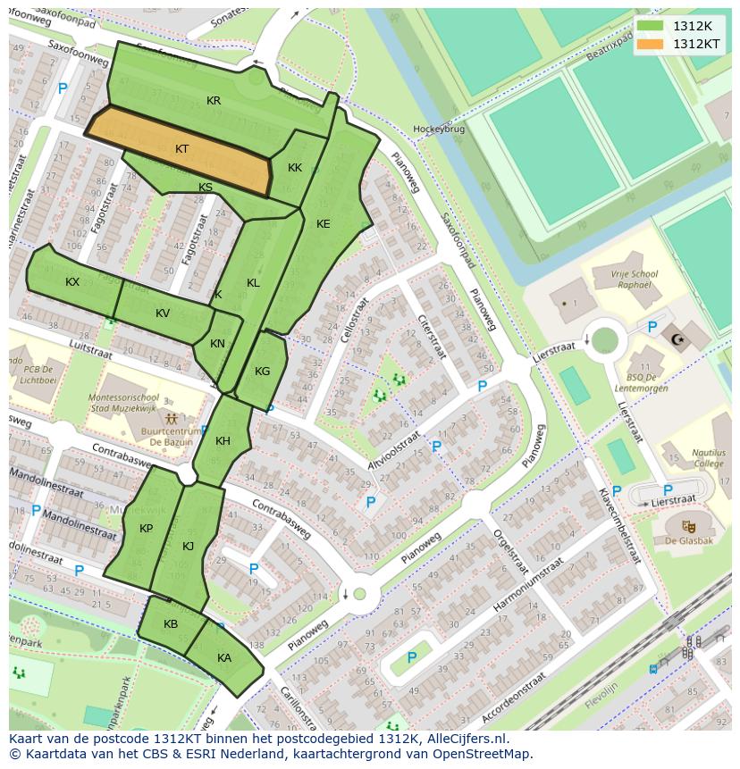 Afbeelding van het postcodegebied 1312 KT op de kaart.