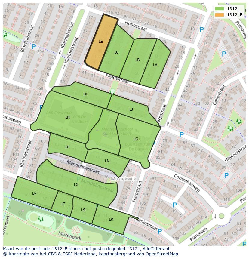 Afbeelding van het postcodegebied 1312 LE op de kaart.