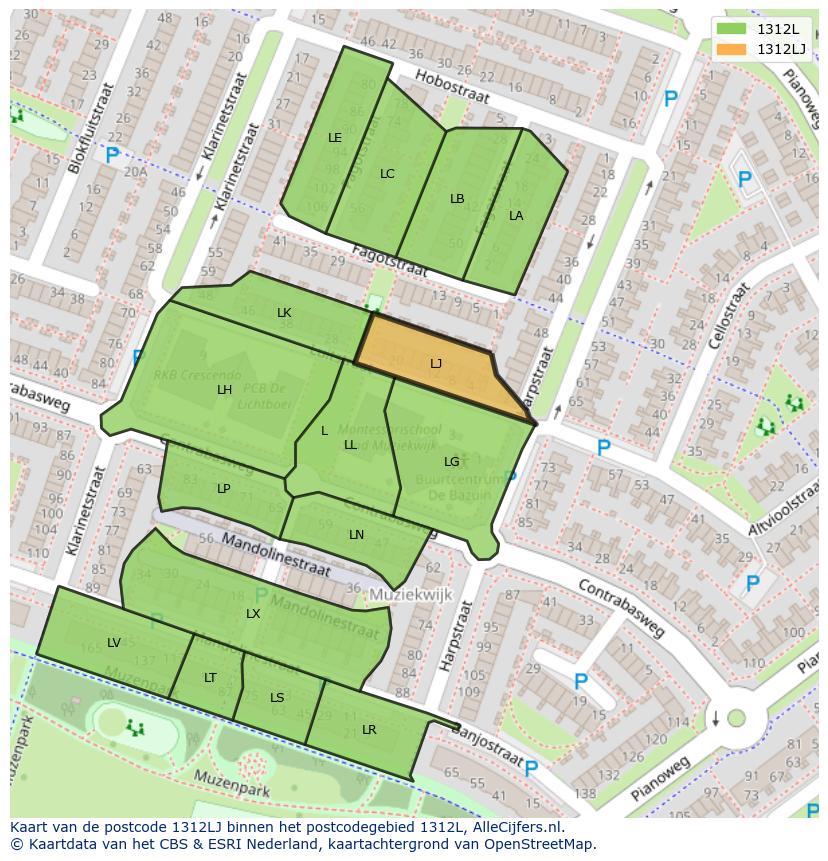 Afbeelding van het postcodegebied 1312 LJ op de kaart.