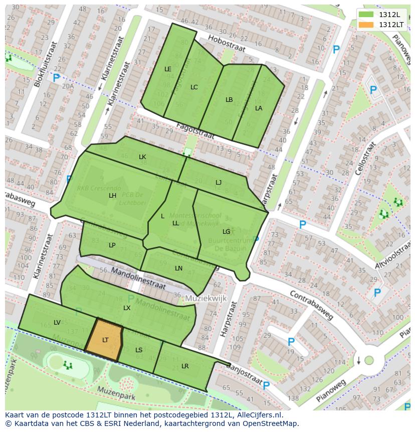 Afbeelding van het postcodegebied 1312 LT op de kaart.