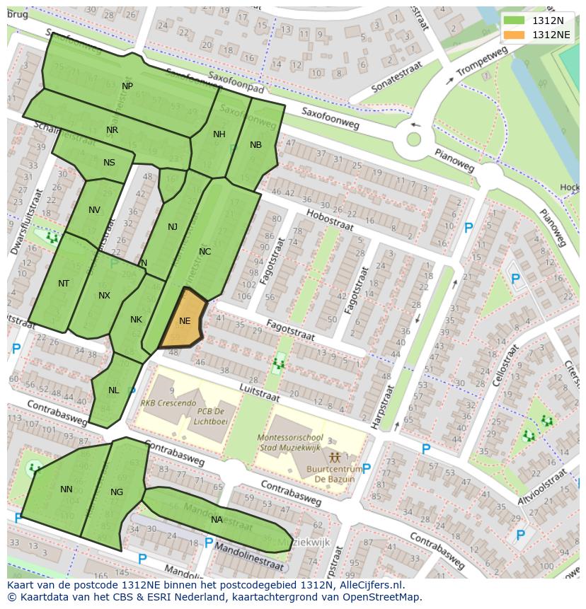 Afbeelding van het postcodegebied 1312 NE op de kaart.