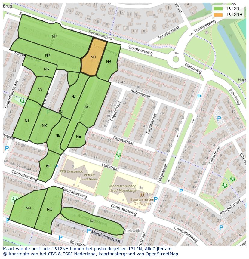 Afbeelding van het postcodegebied 1312 NH op de kaart.