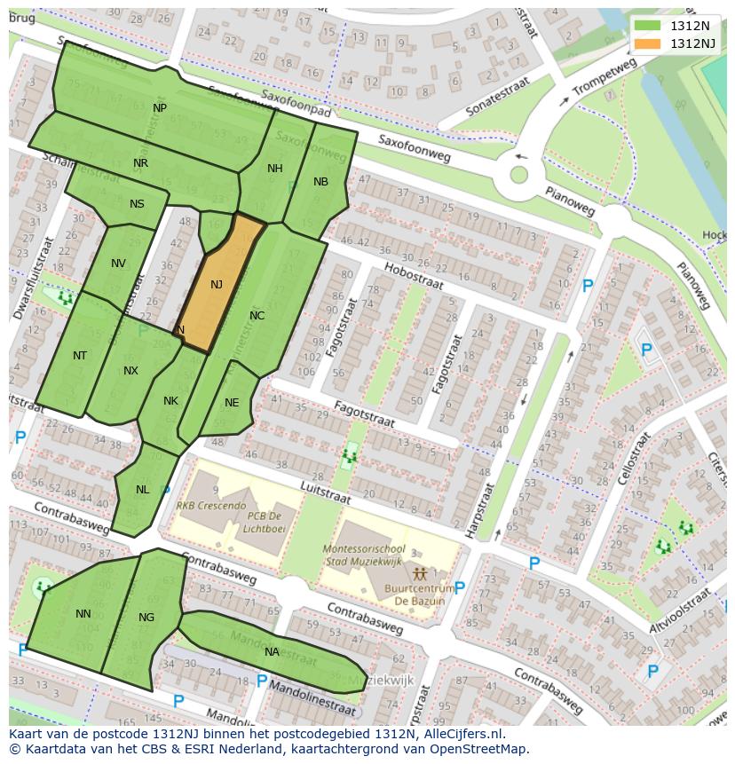 Afbeelding van het postcodegebied 1312 NJ op de kaart.