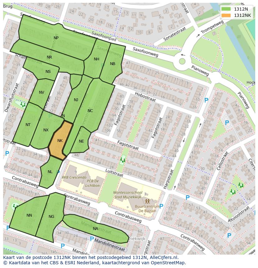 Afbeelding van het postcodegebied 1312 NK op de kaart.