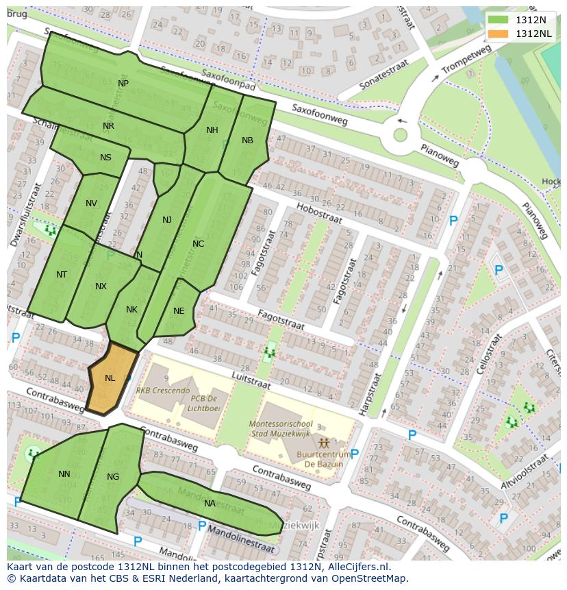 Afbeelding van het postcodegebied 1312 NL op de kaart.