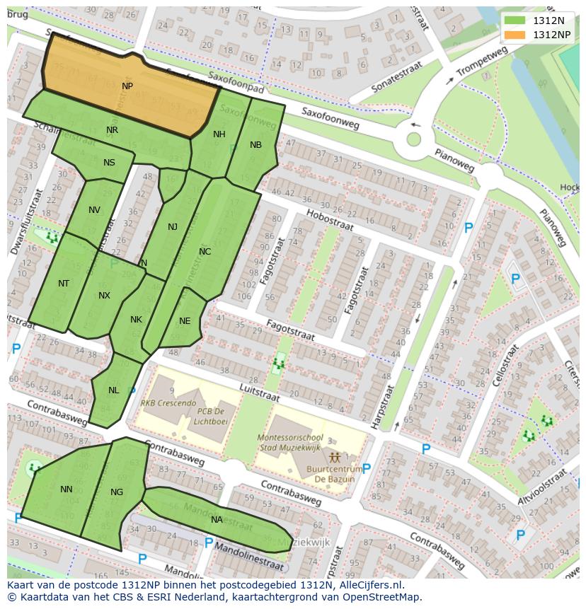 Afbeelding van het postcodegebied 1312 NP op de kaart.