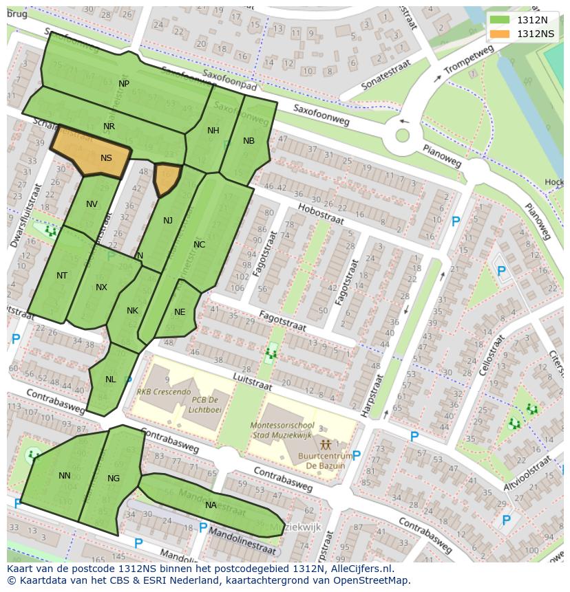 Afbeelding van het postcodegebied 1312 NS op de kaart.
