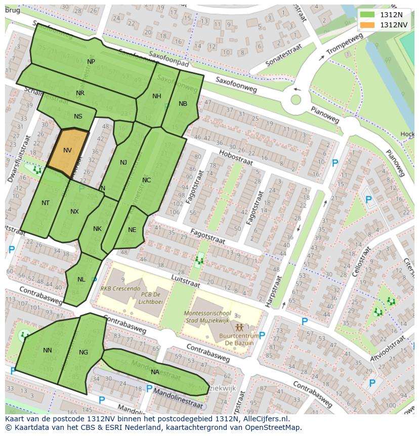 Afbeelding van het postcodegebied 1312 NV op de kaart.