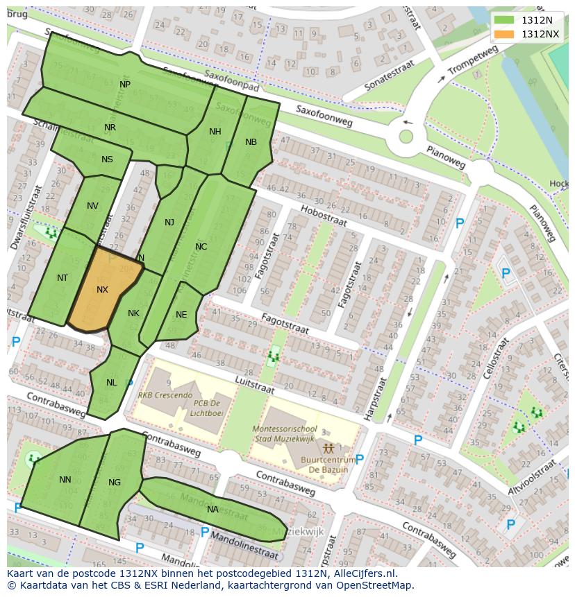 Afbeelding van het postcodegebied 1312 NX op de kaart.