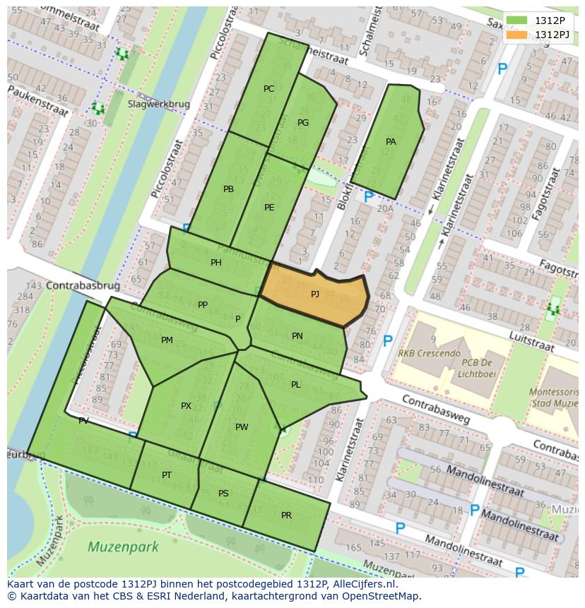Afbeelding van het postcodegebied 1312 PJ op de kaart.