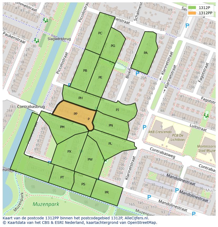 Afbeelding van het postcodegebied 1312 PP op de kaart.