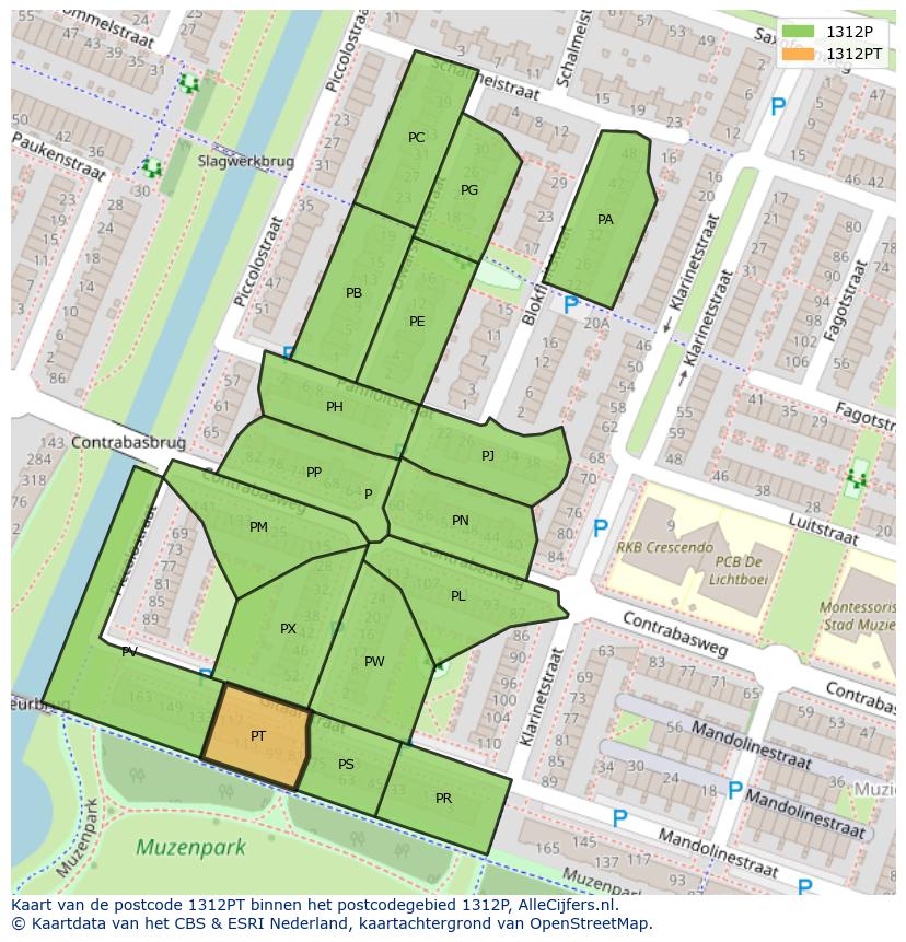 Afbeelding van het postcodegebied 1312 PT op de kaart.