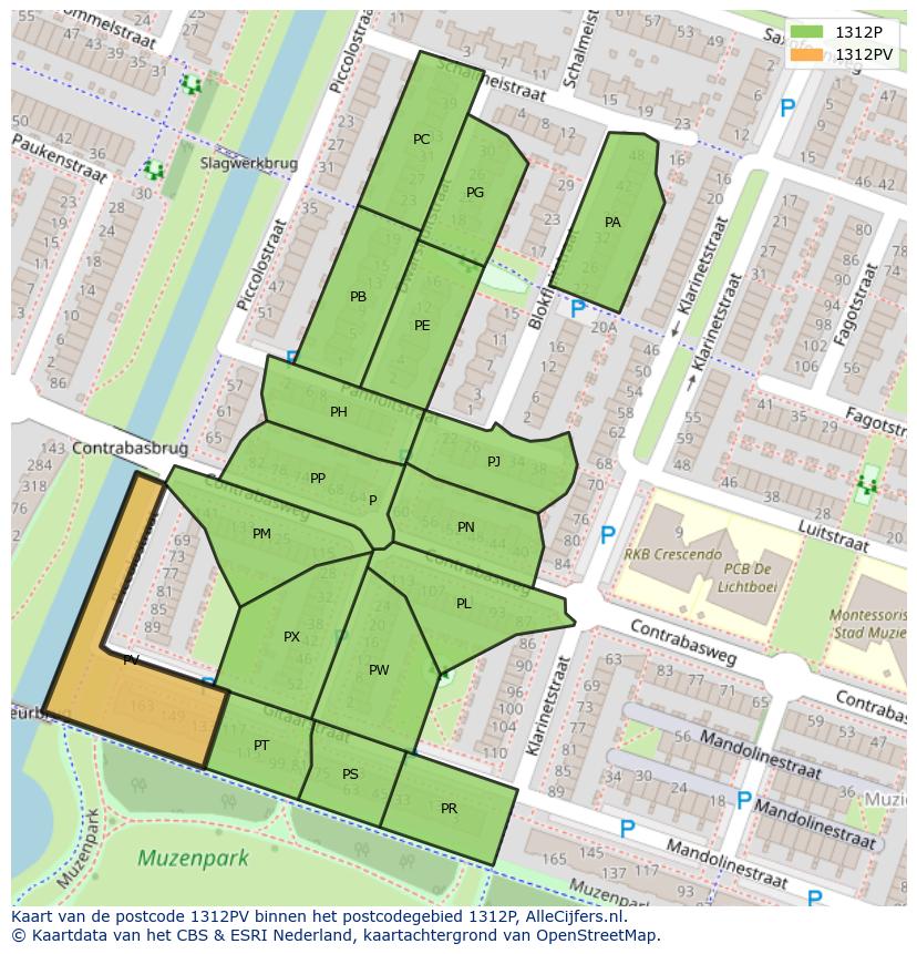 Afbeelding van het postcodegebied 1312 PV op de kaart.