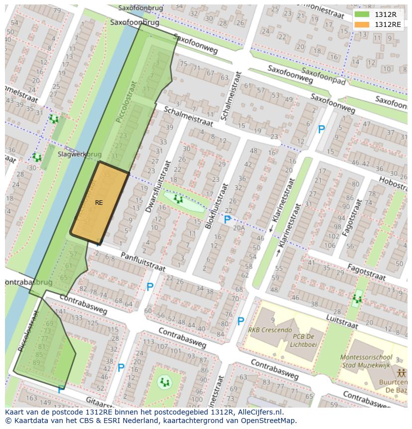 Afbeelding van het postcodegebied 1312 RE op de kaart.