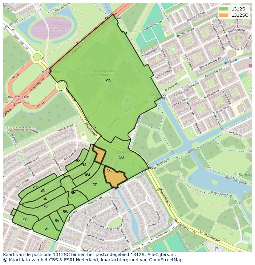 Afbeelding van het postcodegebied 1312 SC op de kaart.