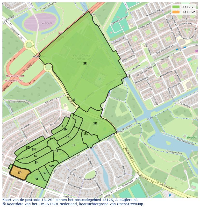 Afbeelding van het postcodegebied 1312 SP op de kaart.