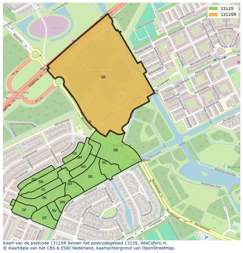 Afbeelding van het postcodegebied 1312 SR op de kaart.