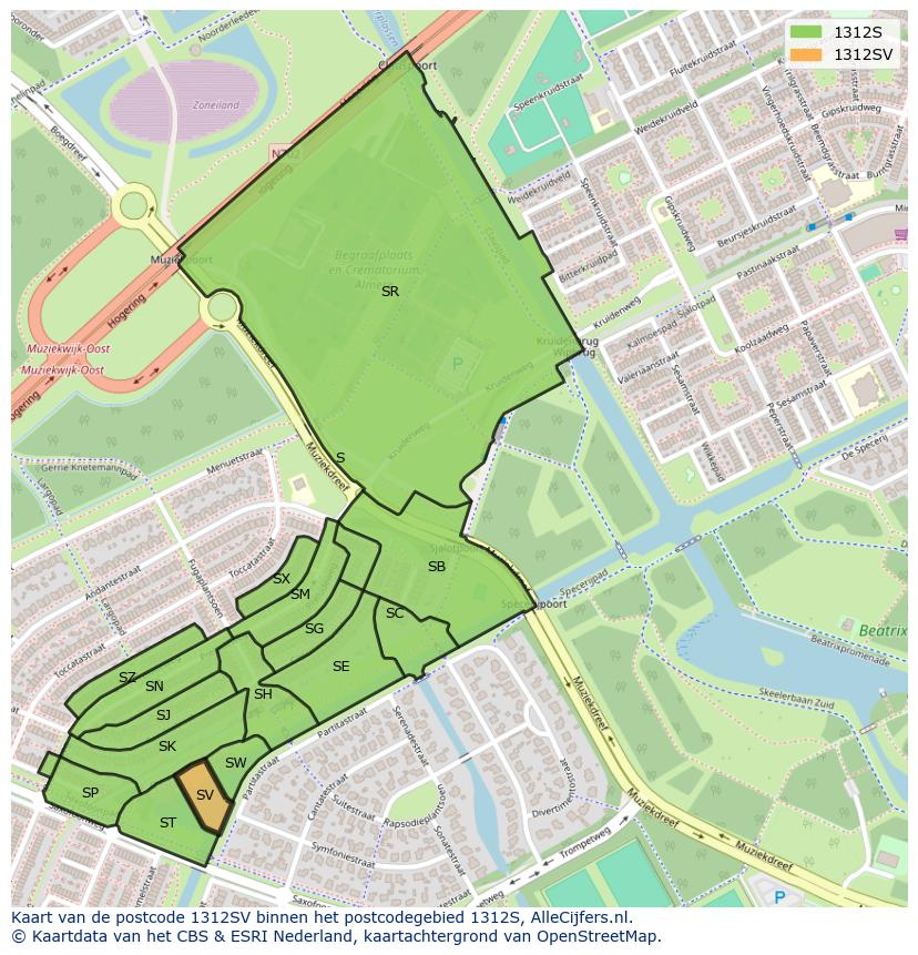 Afbeelding van het postcodegebied 1312 SV op de kaart.
