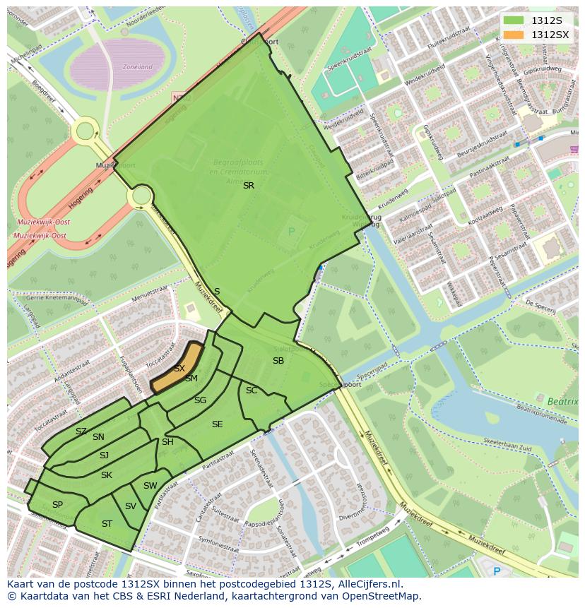 Afbeelding van het postcodegebied 1312 SX op de kaart.