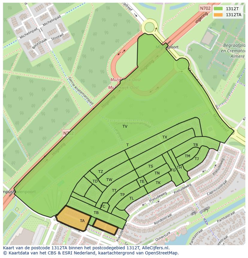 Afbeelding van het postcodegebied 1312 TA op de kaart.