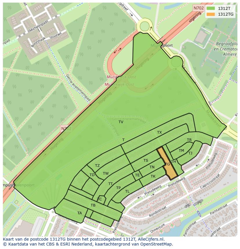 Afbeelding van het postcodegebied 1312 TG op de kaart.