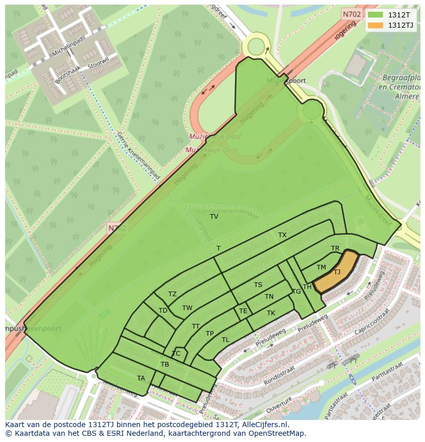 Afbeelding van het postcodegebied 1312 TJ op de kaart.