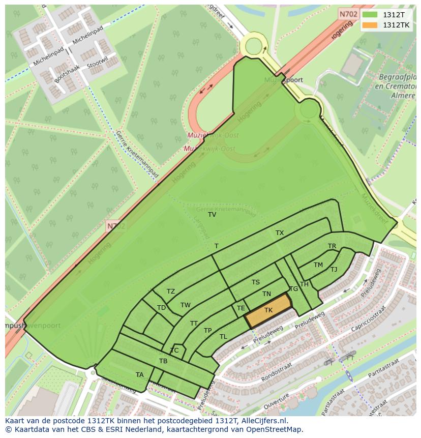 Afbeelding van het postcodegebied 1312 TK op de kaart.