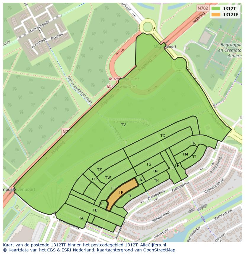 Afbeelding van het postcodegebied 1312 TP op de kaart.