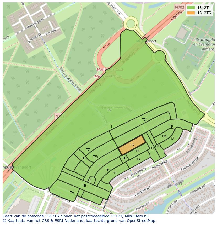 Afbeelding van het postcodegebied 1312 TS op de kaart.