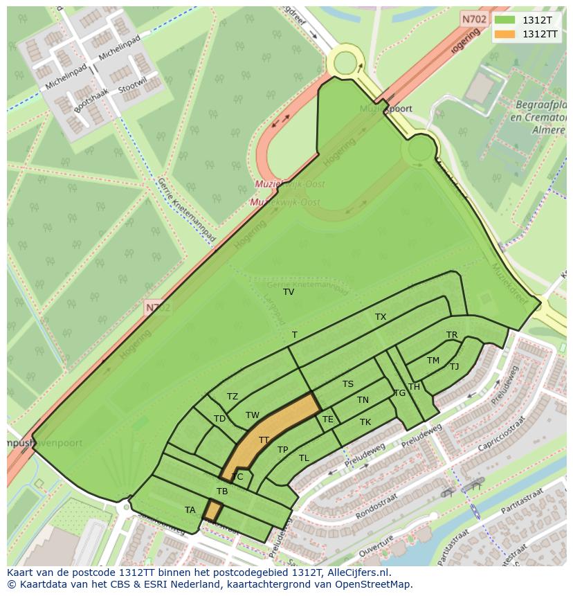 Afbeelding van het postcodegebied 1312 TT op de kaart.