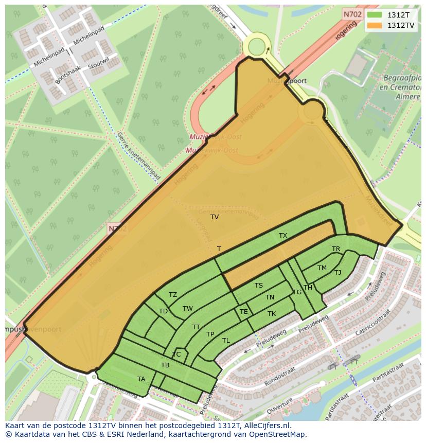 Afbeelding van het postcodegebied 1312 TV op de kaart.