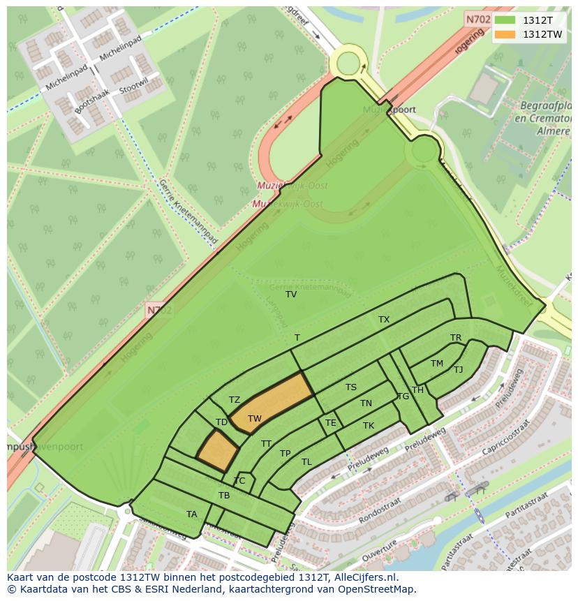 Afbeelding van het postcodegebied 1312 TW op de kaart.