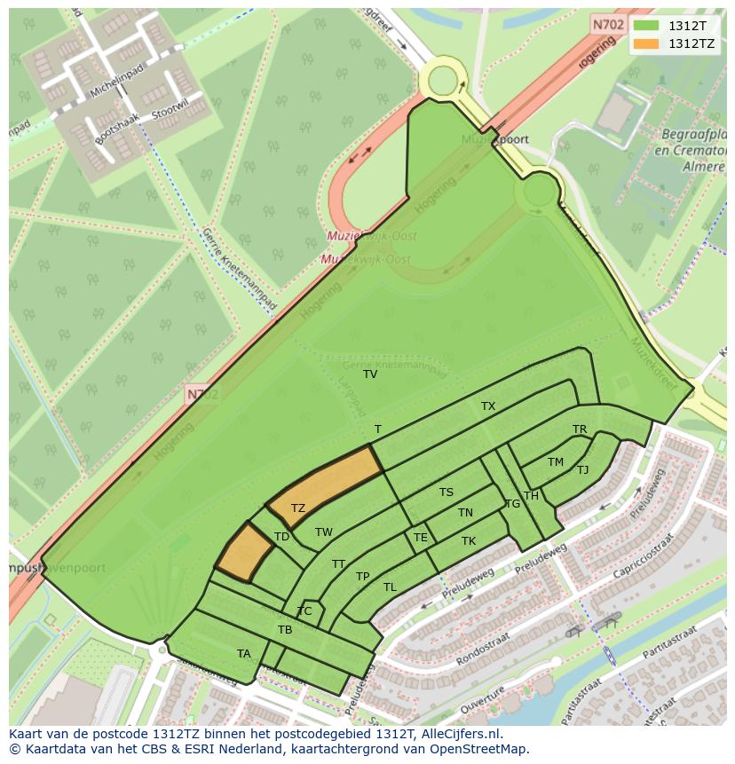Afbeelding van het postcodegebied 1312 TZ op de kaart.