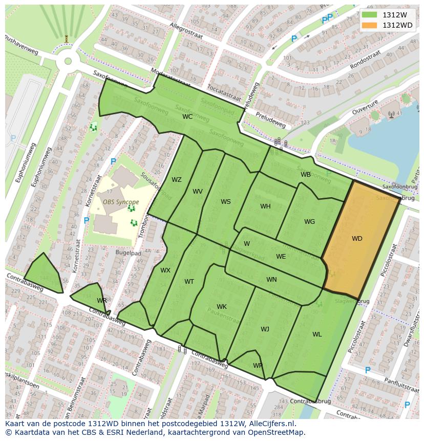 Afbeelding van het postcodegebied 1312 WD op de kaart.