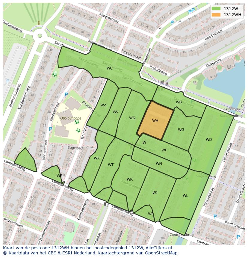 Afbeelding van het postcodegebied 1312 WH op de kaart.