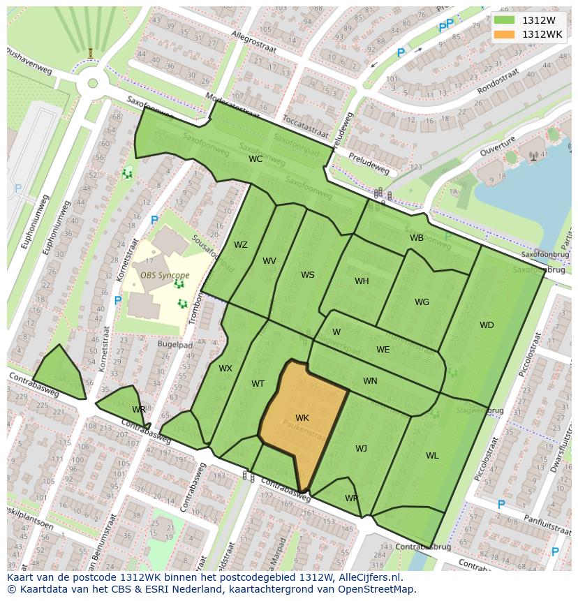 Afbeelding van het postcodegebied 1312 WK op de kaart.