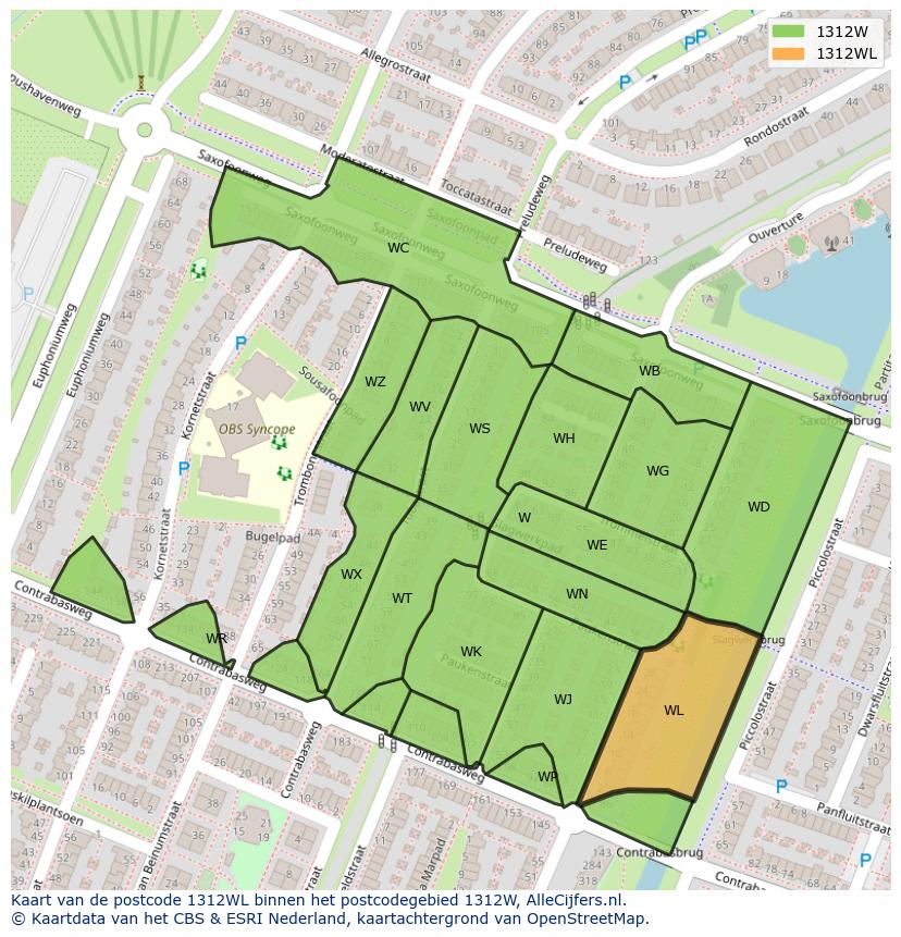 Afbeelding van het postcodegebied 1312 WL op de kaart.