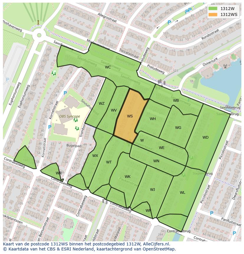 Afbeelding van het postcodegebied 1312 WS op de kaart.