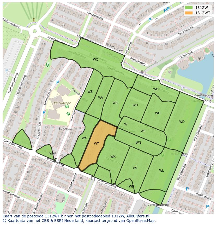 Afbeelding van het postcodegebied 1312 WT op de kaart.