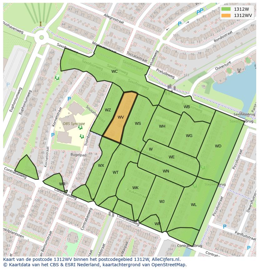 Afbeelding van het postcodegebied 1312 WV op de kaart.