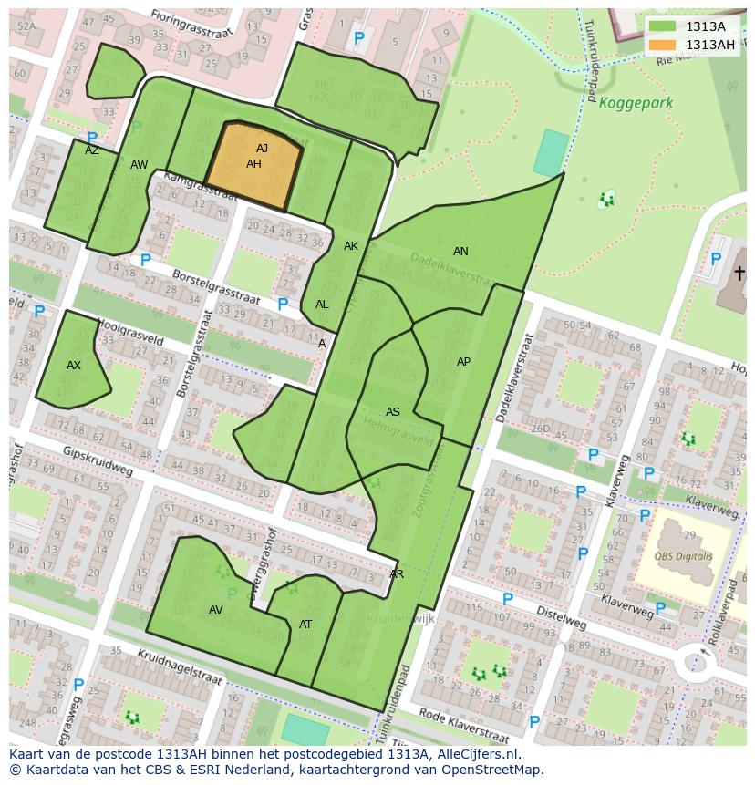 Afbeelding van het postcodegebied 1313 AH op de kaart.
